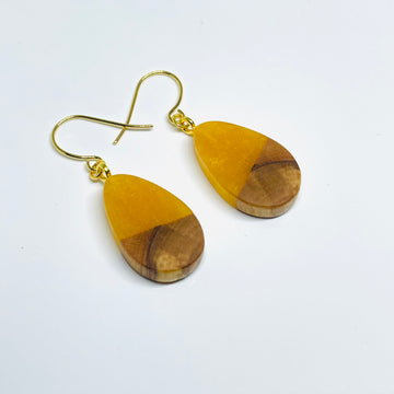 handmade jewelry, Minnesota local wood and resin artist. Golden honey yellow resin with maple wood, nickel free dangle earrings tiny teardrop shaped