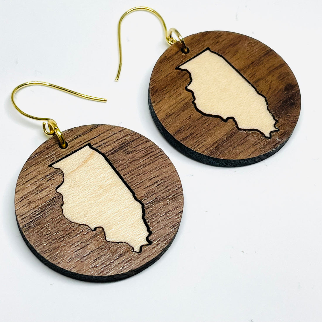 Wood Laser Cut Illinois Walnut w/ Maple Inlay - Earrings