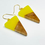 handmade jewelry, Minnesota local wood and resin artist. Yellow Glow-In-The-Dark resin with a birch wood, nickel free dangle earrings isosceles shaped