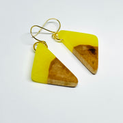 handmade jewelry, Minnesota local wood and resin artist. Yellow Glow-In-The-Dark resin with a birch wood, nickel free dangle earrings triangle shaped