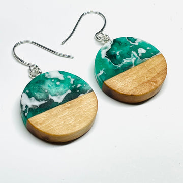 Wood and Resin Malachite Maple Coins - Earrings