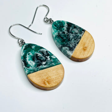 Wood and Resin Malachite Maple Teardrops - Earrings