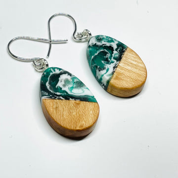 Wood and Resin Malachite Maple Tiny Teardrops - Earrings