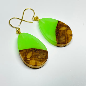 handmade jewelry, Minnesota local wood and resin artist. Green Glow-In-The-Dark resin with a spalted maple wood, nickel free dangle earrings teardrop shaped