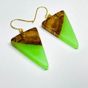 handmade jewelry, Minnesota local wood and resin artist. Neon green Glow-In-The-Dark resin with a spalted maple wood, nickel free dangle earrings isosceles shaped