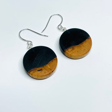 handmade jewelry, Minnesota local wood and resin artist. Black resin with maple wood, nickel free dangle earrings tiny circle shaped