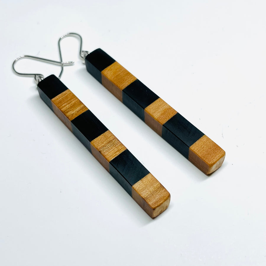 Wood and Resin Onyx Maple Striped Stems - Earrings