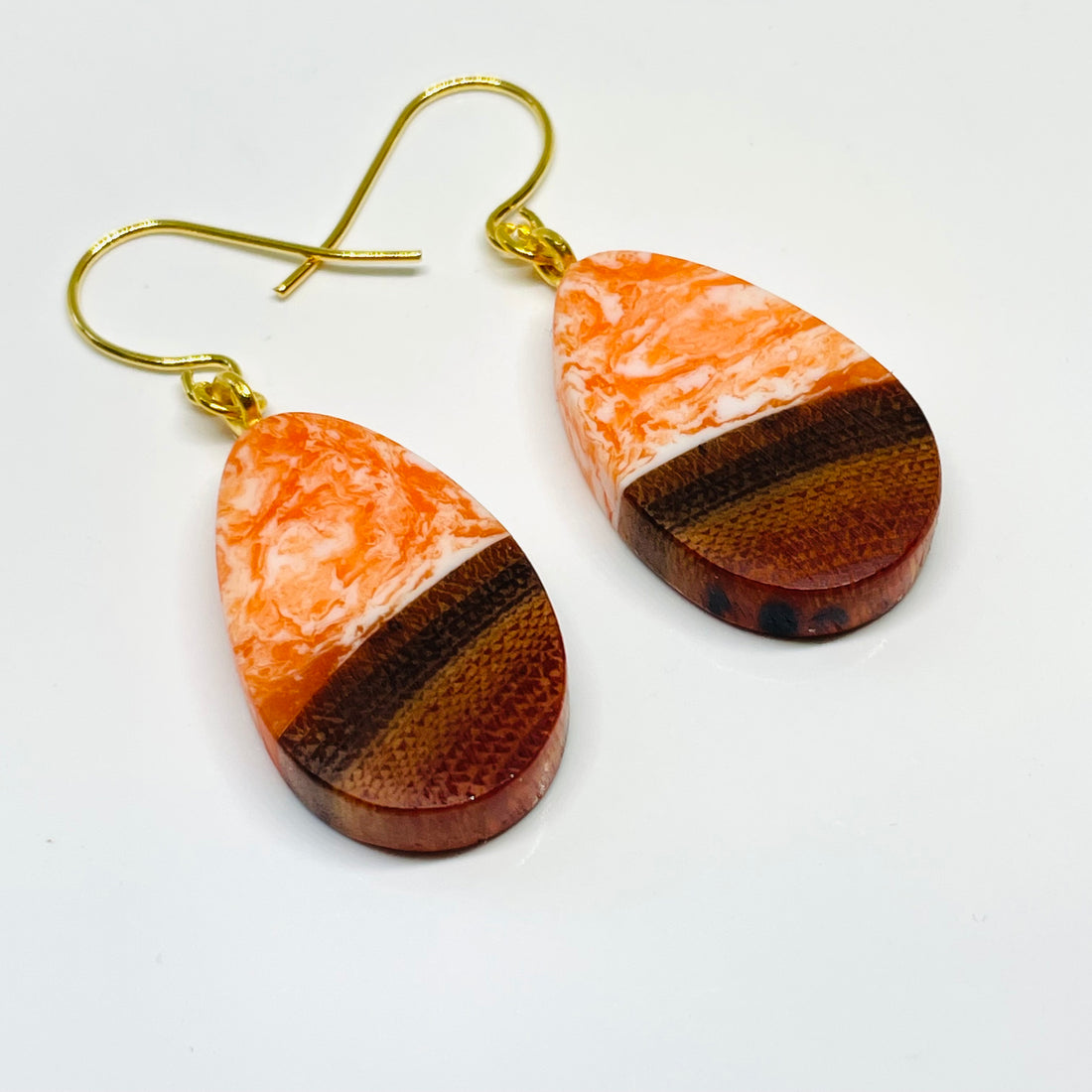 Wood and Resin Orange Creamsicle Buckthorn Tiny Teardrops - Earrings