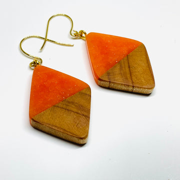 handmade jewelry, Minnesota local wood and resin artist. Orange resin with maple wood, nickel free dangle earrings diamond shaped