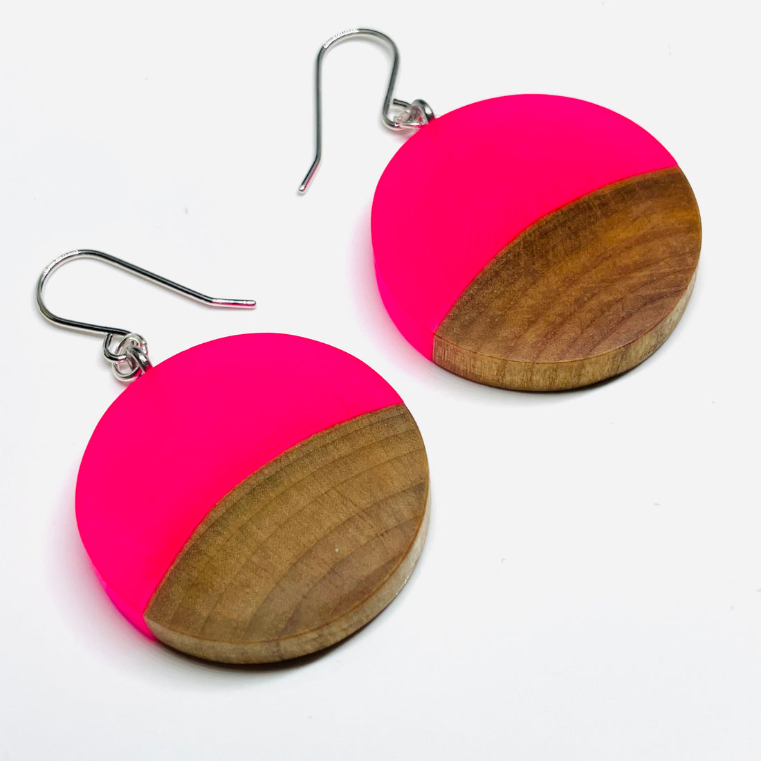 Wood and Resin Pink Glow-In-The-Dark Birch Rounds - Earrings