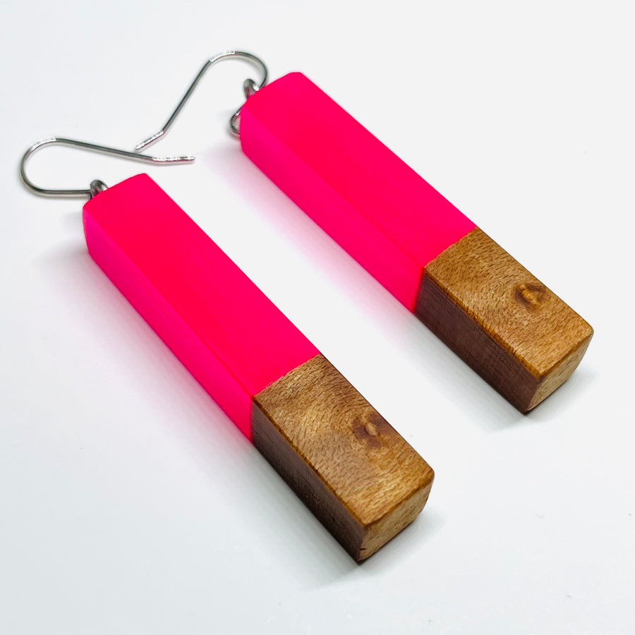 Wood and Resin Pink Glow-In-The-Dark Birdseye Walnut Stems - Earrings