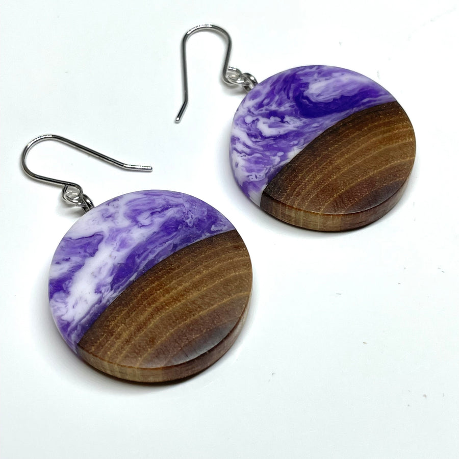 Wood and Resin Purple Haze Walnut Rounds - Earrings