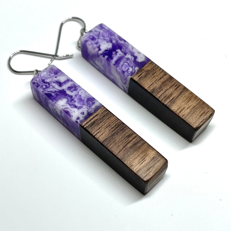 Wood and Resin Purple Haze Walnut Stems - Earrings