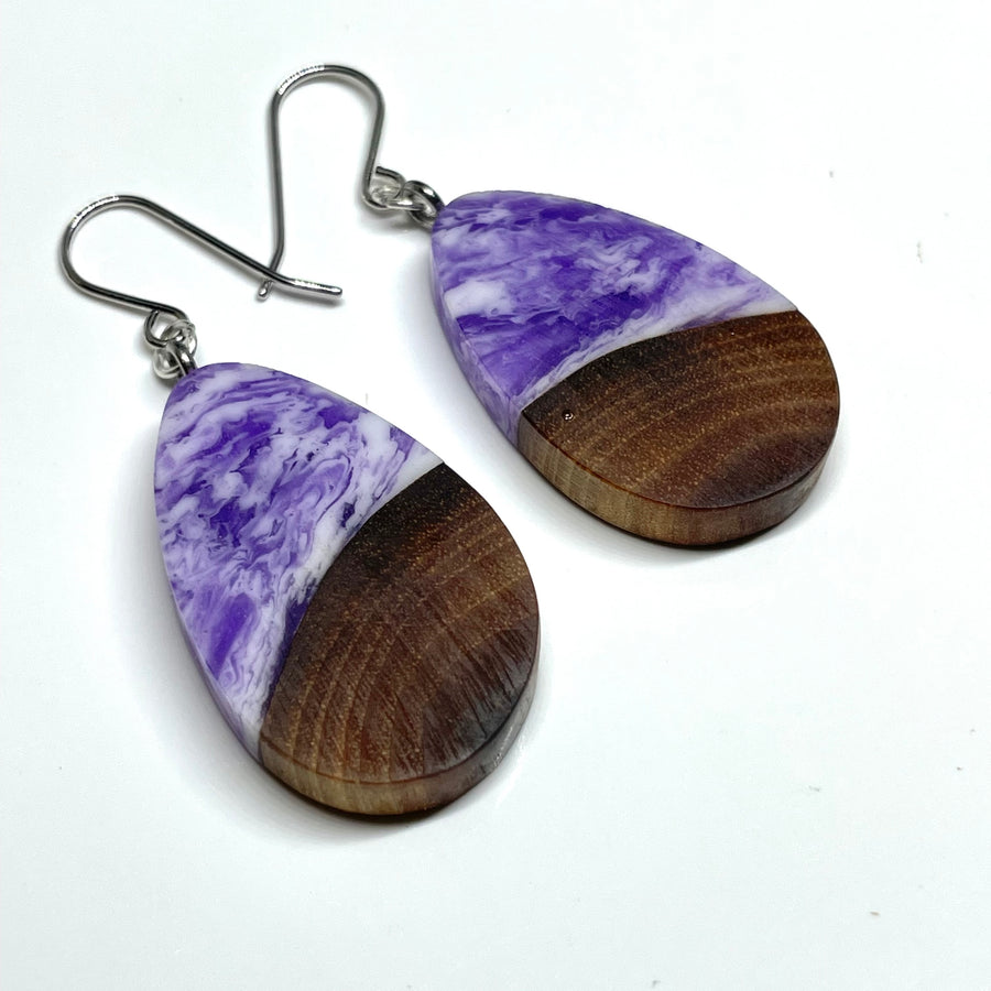 Wood and Resin Purple Haze Walnut Teardrops - Earrings