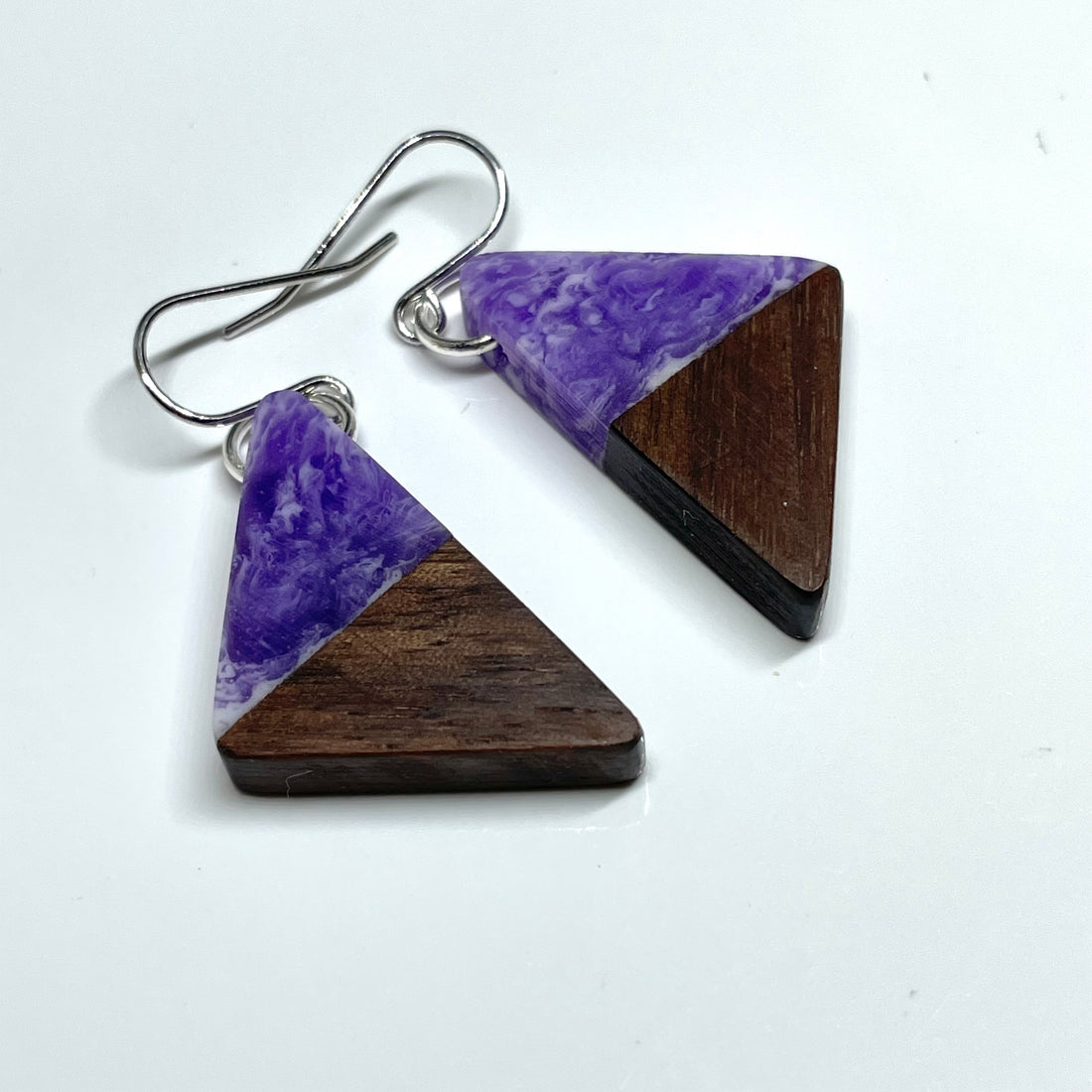 Wood and Resin Purple Haze Walnut Triangles - Earrings