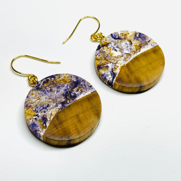 Wood and Resin Purple & Gold Maple Rounds - Earrings