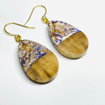 Wood and Resin Purple & Gold Maple Teardrops - Earrings