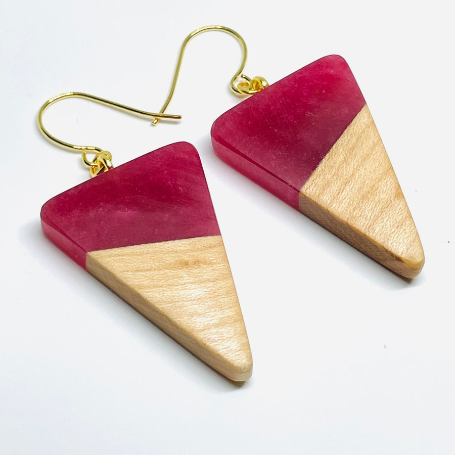handmade jewelry, Minnesota local wood and resin artist. Raspberry red resin with maple wood, nickel free dangle earrings isosceles shaped