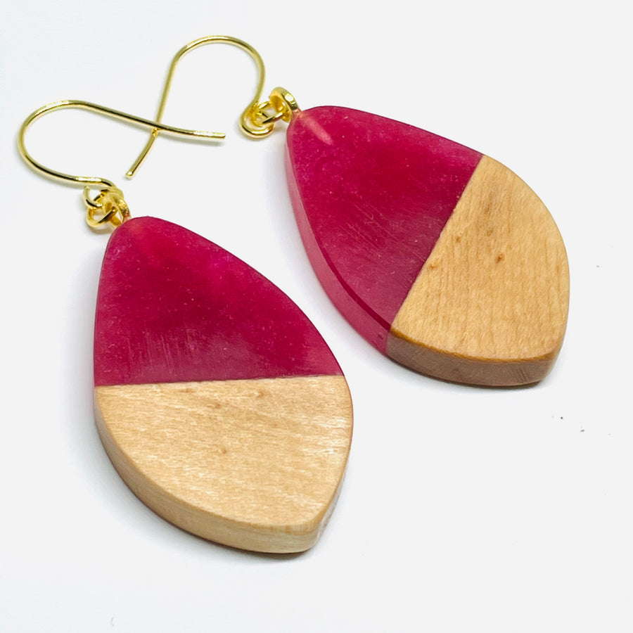 handmade jewelry, Minnesota local wood and resin artist. Raspberry red resin with maple wood, nickel free dangle earrings pod shaped