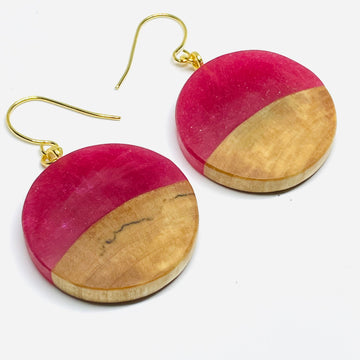 handmade jewelry, Minnesota local wood and resin artist. Raspberry red resin with maple wood, nickel free dangle earrings circle shaped
