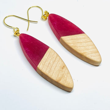 handmade jewelry, Minnesota local wood and resin artist. Raspberry red resin with maple wood, nickel free dangle earrings sliver shaped