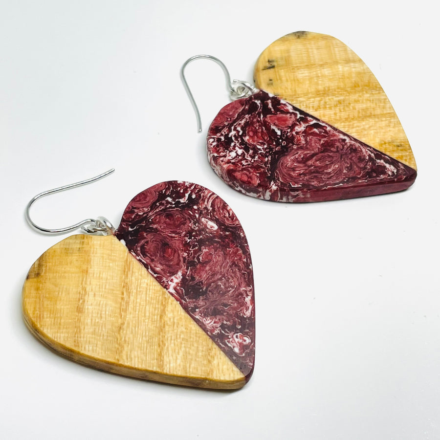 Wood and Resin Red Velvet Spalted Maple Big Hearts - Earrings