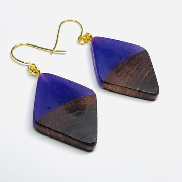 handmade jewelry, Minnesota local wood and resin artist. Purple resin with walnut wood, nickel free dangle earrings diamond shaped