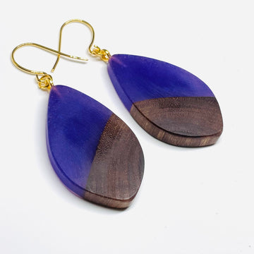 handmade jewelry, Minnesota local wood and resin artist. Purple resin with walnut wood, nickel free dangle earrings pod shaped