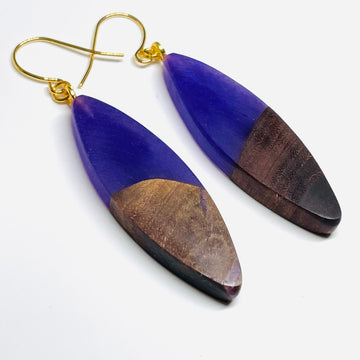 handmade jewelry, Minnesota local wood and resin artist. Purple resin with walnut wood, nickel free dangle earrings sliver shaped