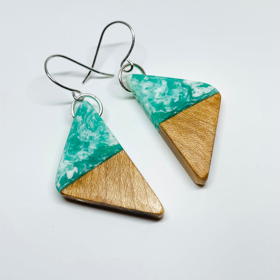 Wood and Resin Spearmint Birdseye Maple Triangles - Earrings