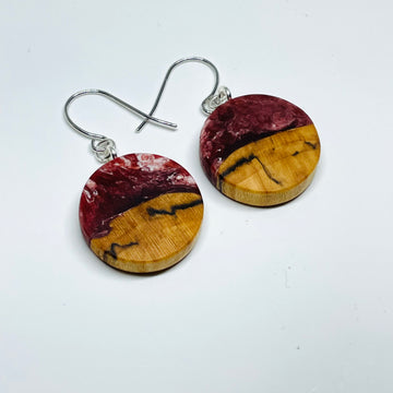 handmade jewelry, Minnesota local wood and resin artist. Deep red and white swirled resin with spalted maple wood, nickel free dangle earrings tiny circle shaped