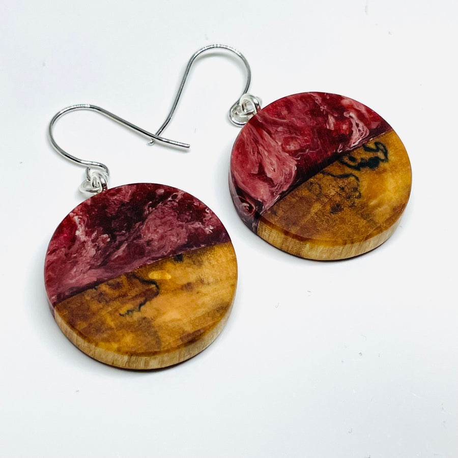 handmade jewelry, Minnesota local wood and resin artist. Deep red and white swirled resin with spalted maple wood, nickel free dangle earrings small circle shaped