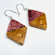 handmade jewelry, Minnesota local wood and resin artist. Deep red and white swirled resin with spalted maple wood, nickel free dangle earrings diamond shaped
