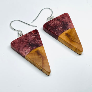 handmade jewelry, Minnesota local wood and resin artist. Deep red and white swirled resin with spalted maple wood, nickel free dangle earrings isosceles shaped