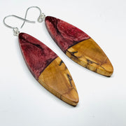 handmade jewelry, Minnesota local wood and resin artist. Deep red and white swirled resin with spalted maple wood, nickel free dangle earrings sliver shaped