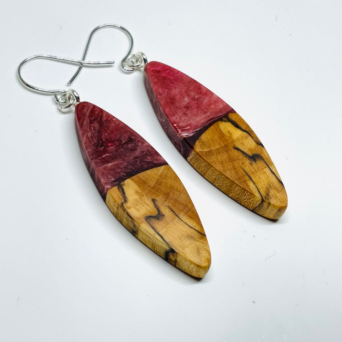 handmade jewelry, Minnesota local wood and resin artist. Deep red and white swirled resin with spalted maple wood, nickel free dangle earrings sliver shaped