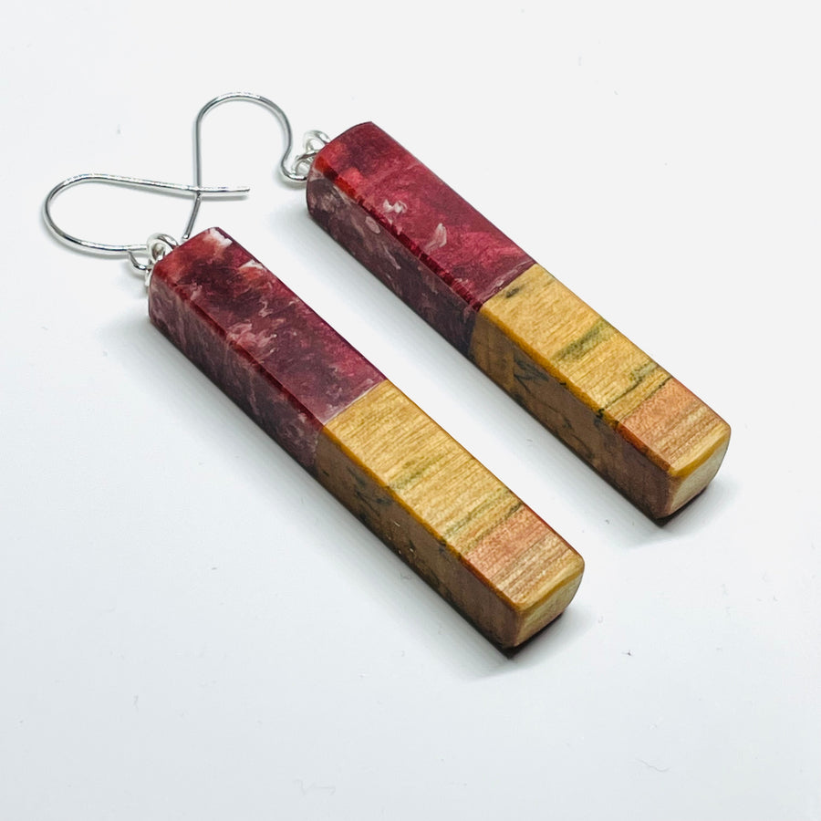 handmade jewelry, Minnesota local wood and resin artist. Deep red and white swirled resin with spalted maple wood, nickel free dangle earrings stem shaped