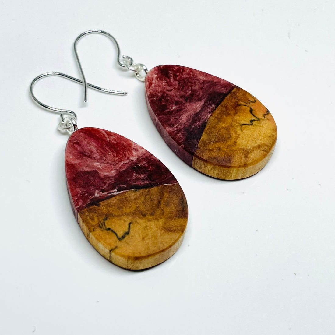 handmade jewelry, Minnesota local wood and resin artist. Deep red and white swirled resin with spalted spalted maple wood, nickel free dangle earrings teardrop shaped