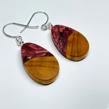 handmade jewelry, Minnesota local wood and resin artist. Deep red and white swirled resin with spalted maple wood, nickel free dangle earrings teardrop shaped