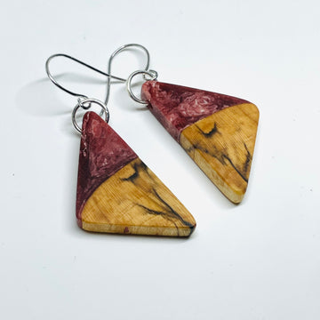 handmade jewelry, Minnesota local wood and resin artist. Deep red and white swirled resin with spalted maple wood, nickel free dangle earrings triangle shaped