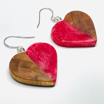 handmade jewelry, Minnesota local wood and resin artist. Bright red and white swirled resin with maple wood, nickel free dangle earrings heart shaped