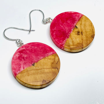 handmade jewelry, Minnesota local wood and resin artist. Bright red and white swirled resin with maple wood, nickel free dangle earrings circle shaped