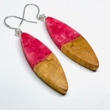 handmade jewelry, Minnesota local wood and resin artist. Bright red and white swirled resin with maple wood, nickel free dangle earrings sliver shaped