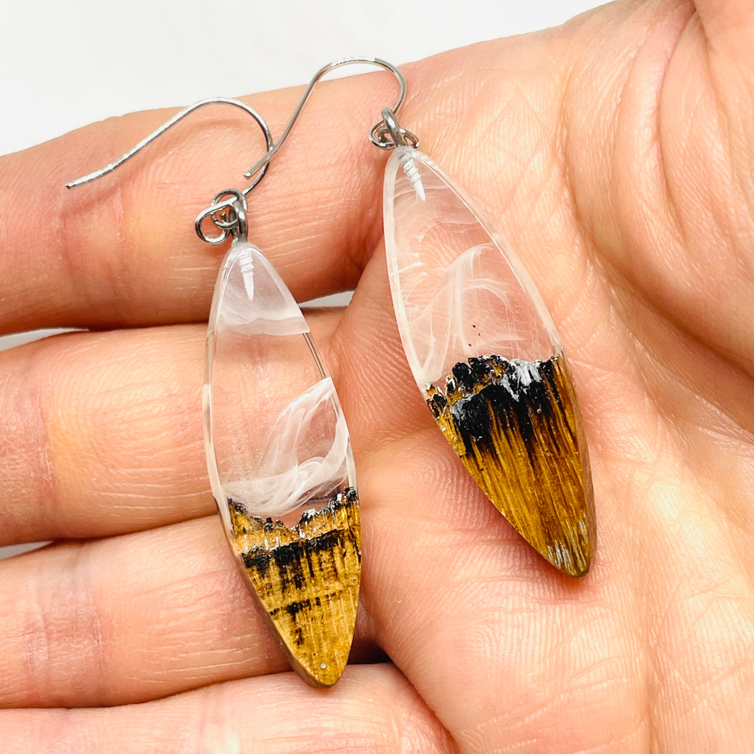Wood and Resin Clear Snow Capped Mountain Ash Slivers - Earrings