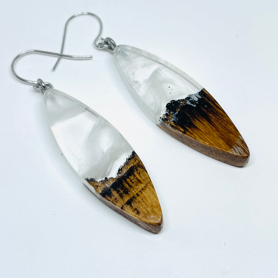 Wood and Resin Clear Snow Capped Mountain Ash Slivers - Earrings