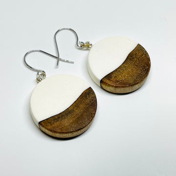 handmade jewelry, Minnesota local wood and resin artist. Opaque white resin with walnut wood, nickel free dangle earrings round coin shaped
