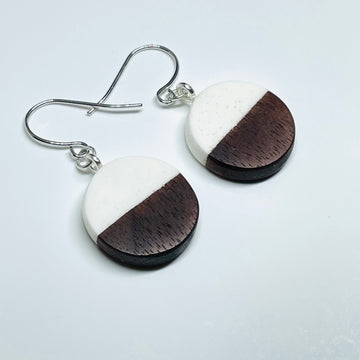 handmade jewelry, Minnesota local wood and resin artist. Opaque white resin with walnut wood, nickel free dangle earrings tiny circle shaped