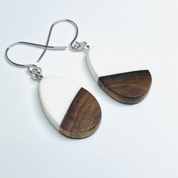 handmade jewelry, Minnesota local wood and resin artist. Opaque white resin with walnut wood, nickel free dangle earrings tiny teardrop shaped