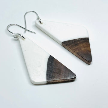 handmade jewelry, Minnesota local wood and resin artist. Opaque white resin with walnut wood, nickel free dangle earrings triangle shaped