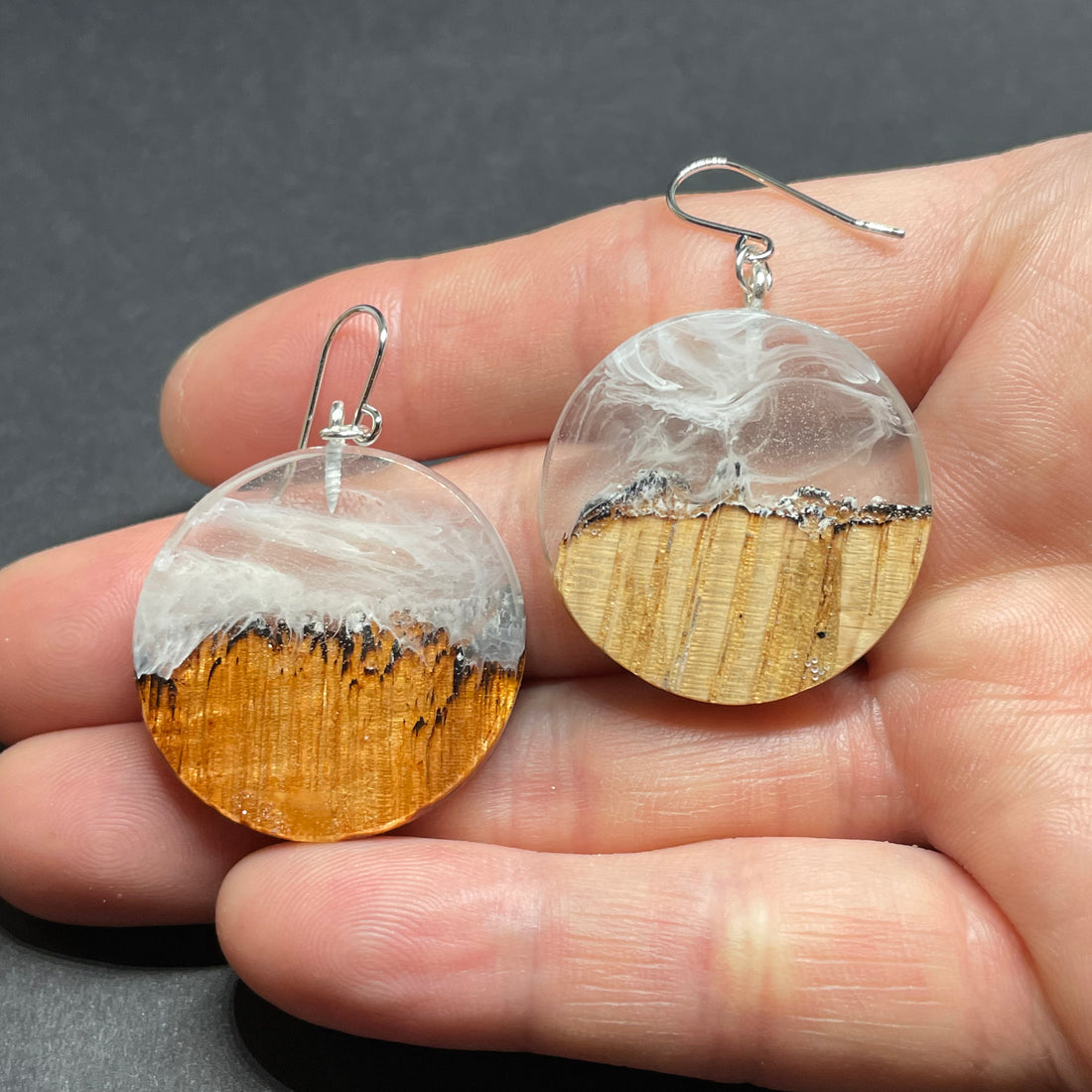 Wood and Resin Winter Blizzard Cherry Maple Rounds - Earrings